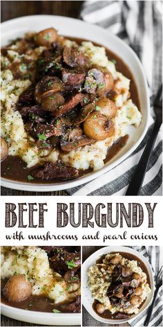 beef and mushroom stew with mushrooms and parsleys in a white bowl on a black and white striped tablecloth