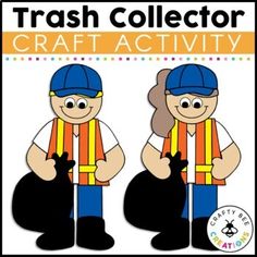 the trash collector craft activity is shown with two people and a cat in front of them