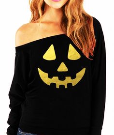 Jack O'Lantern Halloween Slouchy Sweatshirt with Gold Foil Print by NoBull Woman Apparel. Fall Costume Party Long Sleeve Tops, Long Sleeve Tops For Costume Party, Fall, Long Sleeve Tops For Costume Party In Fall, Fun Long Sleeve Fall Tops, Fun Long Sleeve Tops For Fall, Fall Costume Party Crew Neck Top, Fall Crew Neck Top For Costume Party, Crew Neck Tops For Costume Party In Fall, Fun Oversized Fall Tops