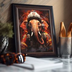 an elephant wearing a helmet with flames in the background