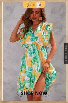 Chic Ruffled Sleeveless Sexy Floral Print Dresses Women Summer Dress New Casual Beach Elegant V-neck High Waist Mini Dress Summer Sleeveless V-neck Dress With Ruffles, Green V-neck Sleeveless Dress For Vacation, V-neck Sleeveless Dress With Floral Print For Beach Season, Green Floral Print V-neck Dress For Summer, V-neck Sleeveless Dress With Floral Print For Day Out, Green V-neck Beach Dress For Vacation, Beach Season V-neck Mini Dress With Ruffles, V-neck Ruffled Dresses For Beach Season, Green Floral Print Summer V-neck Dress