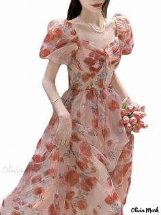 Olivia Mark - Floral Print Dress with Empire Waist and Square Neckline - Escape Princess Gown Silky Floral Dress, Aesthetic Midi Dress, Floral One Piece Dress, Cute Korean Dresses, Korean Floral Dress, Birthday Dress Women, Beautiful Floral Dresses, Dress Korean, Style 2023