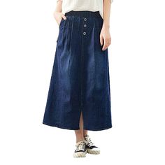 Dark wash long denim skirt online—cool denim skirt from the 2021 Autumn collection. A casual style will bring you an informal and simple yet clean and professional image. Dark blue or navy denim can form the basis for many outfits and integral part of the classic essential wardrobe. Dark wash patterns work for almost all occasions outside of a traditional setting and look good with virtually everything. The long fit type is great for taller people. Highrise denim will elongate your legs and make Dark Wash High Waist Cotton Skirt, Casual Long Denim Skirt, Non-stretch Cotton Denim Skirt With Pockets, Spring Full-length Baggy Skirt, Non-stretch High Rise Cotton Denim Skirt, Non-stretch High-rise Cotton Denim Skirt, Baggy Full-length Skirt For Spring, High Waist Denim Blue Cotton Skirt, Denim Blue Midi Skirt With Pockets