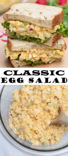 egg salad with lettuce and tomato on toasted bread in a glass bowl