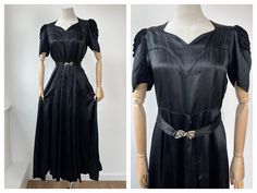 Make a statement on date night! A darling late 1930s or early 1940s evening dress, cut from gleaming black satin-feel fabric. This has all the hallmarks of the late 1930s ballgown, leading the way into a new era of 1940s evening wear, with a fuller skirt than earlier 1930s styles, puffy short sleeves, and a high waist. It is shiny and woven, with a slip to it. The neckline is sweetheart-shaped, with puffed, shoulder-padded sleeves with ruffle detailing at each 'top'. The waist is set somewhat hi 1940s Evening Dresses, On Date, 1930s Fashion, Puffed Sleeves, Black Satin, Evening Wear, Evening Dress, Puff Sleeve, Ball Gowns