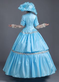 Light Blue Baroque Rococo Southern Belle Dress Renaissance Revolutionary Ball Gown Theater Costume     Condition: Brand New   Color:  As Picture   Material: Satins And Lace   Silhouette: Ball Gown   Sleeve Length: Long Sleeve   Dresses Length:Floor-Length   Neckline: O-Neck   Decoration: Lace   Style: Vintage     Includes: Dress + Hat     More Detail: About 45 inches (114 cm) long from waist to hem regardless of size. This dress is pictured with a 4-hoop skirt underneath to achieve the look Southern Belle Dress, Baroque Dress, Hoop Skirt, Belle Dress, Theatre Costumes, Dress Hat, Long Sleeve Dresses, Gowns With Sleeves, Historical Costume