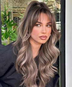 Soft Summer Highlights, Bronde Balayage With Curtain Bangs, Soft Cool Brown Hair, Blonde Highlights On Dark Brown Hair Curtain Bangs, Trendy Hair Colors For 2024, Blonde Highlights And Bangs, Blonde Bangs With Brown Hair, Blonde Balayage With Bangs, Blonde Highlights Bangs