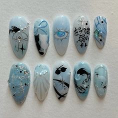 Gojo Nails, Graduation Nails, Anime Nails, Goth Nails, Grunge Nails, Girly Acrylic Nails, Really Cute Nails, Blue Nail Designs