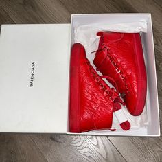 Men’s Red Balenciaga Arena Sneakers Us Size 8 Eu Size 40 In Very Very Good Condition Little Bit Of A Wipe Down And Like Brand New Shoes Worn 2 Times And Put Away In Storage I Don’t Really Wanna Let These Go But I Don’t Really Wear Them Ever So Somebody Else Can Enjoy Them Red Lace-up Sneakers With Leather Sole, Designer Red Sneakers For Sports, Red Designer Sneakers For Sports, Luxury Red Sneakers For Streetwear, Red Designer High-top Sneakers For Streetwear, Designer Red Sneakers, Designer Red Sneakers With Branded Heel Counter, Designer Leather High-top Sneakers With Red Sole, Designer High-top Sneakers With Red Sole For Streetwear