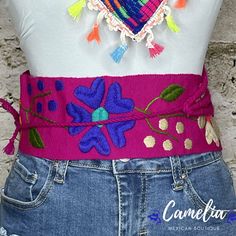 Color it up with one of our beautiful Mexican Belts for a chic western look. Made of 100% cotton with adjustable tie straps. Can be tied to the side, back or front. All belts are hand made and each design is unique. Available in two floral designs and solids. See our collection of belts here. Match it with one of our other Mexican Accessories: Espadrilles, Necklace, Shawl or Mexican Clutch. Perfect for any Mexican Themed party celebration. MEASUREMENTS: 3 1/2" Wide x 31" Long plus tie strapsTie Adjustable Belts For Spring Festival, Casual Embroidered Belt For Spring, Spring Festival Fabric Belt, Embroidered Belt For Summer Beach, Summer Beach Embroidered Belt, Mexican Belts, Mexican Belt, Mexican Accessories, Mexican Themed Party