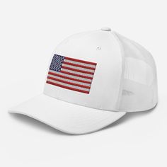 Show off your American pride with our America Flag Trucker Hat! This classic white hat features a vibrant embroidered American Flag on the front, making it a standout piece for any patriotic event. Designed with a breathable mesh back and an adjustable snap closure, this Patriotic trucker hat ensures all-day comfort and a perfect fit. Whether you're at a summer barbecue, out on a hike, or simply running errands, this hat is perfect for showing your patriotism year-round. Show your love for the U White Baseball Cap With Mesh Back, White Curved Brim Baseball Cap With Mesh Back, Mesh Hats For Sports Events In Summer, Summer Mesh Hat For Sports Events, Adjustable White Baseball Cap With Breathable Mesh, White Baseball Cap For 4th Of July, White Breathable Mesh Baseball Cap, White Mesh Baseball Cap With Curved Brim, White Mesh Hat With Curved Brim