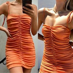 Never Worn Summer Bodycon Dress With Lining, Summer Bodycon Lined Dress, Lined Bodycon Summer Dress, Fitted Ruched Sundress Mini Dress, Ruched Fitted Mini Sundress, Fitted Ruched Sundress, Spring Mini Ruched Bodycon Dress, Orange Mini Dress For Summer Evenings, Summer Ruched Mini Bodycon Dress