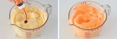 two pictures of a blender filled with batter and carrots, one has an orange peel in it