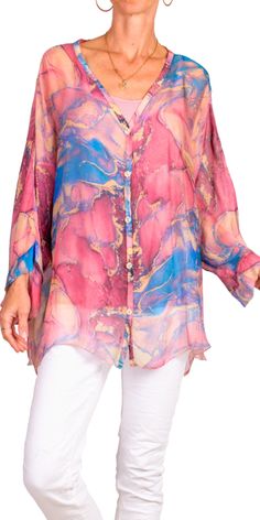 2-Piece Button Down Silk Blouse with Dolman Sleeves. Features a Marble Print. Exterior: 100% Silk Interior: 95% Viscose | 5% Elastic Made in Italy One Size Model 5'7" Pink Silk Button-up Blouse, Pink Silk Button-up Top, Multicolor Blouse With Button Closure For Daywear, Pink Long Sleeve Rayon Blouse, Marble Print, Pink Blouse, Dolman Sleeve, Silk Blouse, Silk Printing