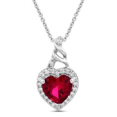 Jewelili Heart Pendant Necklace with Created Ruby and Created White Sapphire in Sterling Silver Sterling Silver Heart Pendant, Silver Heart Pendant, Red Gemstones, Heart Gemstone, Sapphire Necklace, Rolo Chain, Sapphire Gemstone, Sterling Silver Heart, Metal Necklaces