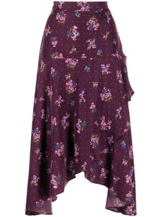 plum purple/multicolour all-over floral print ruffled detailing asymmetric design high waist rear elasticated waistband asymmetric hem mid-calf length Feminine Asymmetrical Floral Print Skirt, Viscose Midi-length Bottoms For Summer, Spring Viscose Skirt For Daywear, Chic Asymmetrical Skirt With Floral Print, Chic Skirt With Asymmetrical Hem And Floral Print, Floral Print Flowy Skirt With Asymmetrical Hem, Flowy Floral Print Skirt With Asymmetrical Hem, Asymmetrical Hem Floral Print Skirt, Feminine Midi Length Bottoms With Ruffles