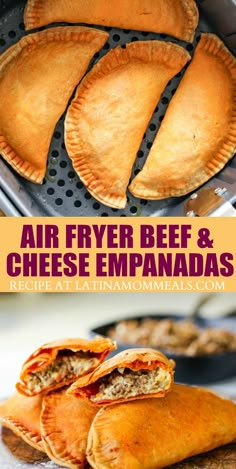 air fryer beef and cheese empanadas with text overlay