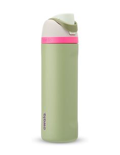 a green and pink insulated water bottle on a white background with the lid down