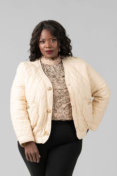 QUILTED PUFFER plus-size - AMOUR781 Chic Quilted Jacket For Workwear, Gold Button-up Outerwear For Work, Quilted Button-up Outerwear For Work, Quilted Button-up Work Outerwear, Gold Button-up Outerwear For Fall, Beige Quilted Jacket For Work, Quilted Puffer Jacket, Puffer Jacket, Gold Trim