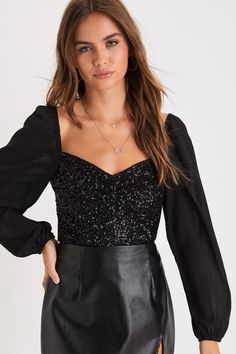 Black Sequin Crop Top - Sequin Top - Sheer Balloon Sleeve Top - Lulus Winter Night Out Contrast Sequin Fabric, Glamorous Fall Top With Contrast Sequin, Glamorous Contrast Sequin Top For Fall, Glamorous Fall Tops With Contrast Sequin, Glamorous Sequin Tops For Night Out, Sequined Tops For Date Night And Party Season, Chic Contrast Sequin Fabric For Night Out, Glamorous Contrast Sequin Fabric For Fall, Contrast Sequin Tops For Night Out