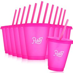 pink cups with straws in them are lined up against each other on a white background