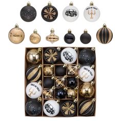 an assortment of christmas ornaments in a box