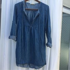 Very Stylish Lightweight Denim Dress. Can Also Be Worn As A Tunic. Never Worn. Sleeves Can Be Rolled Up To A Mid-Elbow Button. Super Cute! Bohemian Long Sleeve Denim Dress For Spring, Spring Bohemian Long Sleeve Denim Dress, Bohemian Long Sleeve Cotton Denim Dress, Bohemian Long Sleeve Denim Top For Summer, Long Sleeve Bohemian Denim Dress, Bohemian Long Sleeve Denim Dress, V-neck Denim Blue Dress For Beach, Denim Blue Bohemian Long Sleeve Dress, Bohemian Long Sleeve Denim Blue Dress