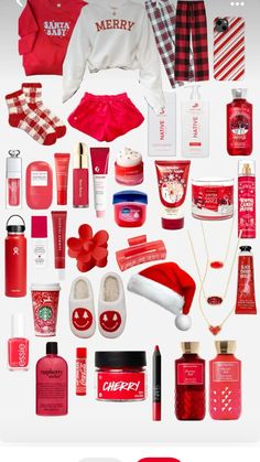 an assortment of christmas items are arranged in the shape of a collage with red and white