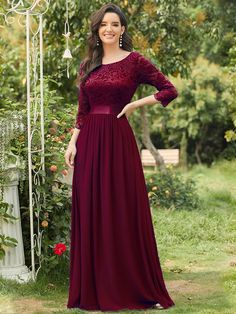 Burgundy Bridesmaid Gowns #style_EP07412BD Bridesmaid Dresses Maroon, Long Sleeve Lace Evening Gown, Bridal Party Looks, Maroon Bridesmaid Dresses, Gala Night, Burgundy Evening Dress, Burgundy Bridesmaid, Bridesmaid Gowns, Lace Evening Gowns