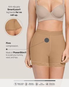 The secret to a sculpted look is here! This shaper short is made of our signature PowerSlim® firm compression fabric to sculpt your tummy and hips. It also has microfiber cutouts and specialty bands in the back for a butt-lifting effect. A microfiber inner layer offers all-day comfort. The mid-rise design of this shaper short gives you a little extra coverage for a streamlined look under clothes. The leg bands are made of our signature SmartLace®. *Runs small, please order at least 1 size up!* Tummy Shaper, Perfect Curves, Leg Bands, Compression Fabric, Natural Tan, Body Shapers, The Secret, Mid Rise, High Waisted