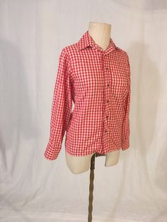 "vintage handmade western shirt red/white checkered print chevron front chest/back glassy red snap up 2 snap long sleeve cuff straight hem feels like maybe cotton/poly blend no size tag, fits like an XS-see below measures, lying flat, shoulder-15\" chest-17\" sleeve-22\" length-26 3/4\" from top of folded collar" Fitted Plaid Flannel Shirt With Button Closure, Western Style Red Long Sleeve Tops, Red Western Long Sleeve Tops, Red Long Sleeve Western Top, Classic Fitted Plaid Tops, Fitted Plaid Flannel Shirt With Long Sleeves, Country Style Button-up Cotton Tops, Cotton Button-up Country Tops, Country Style Cotton Button-up Tops