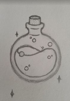 an ink drawing of a bottle with bubbles in it and stars around the bottom half