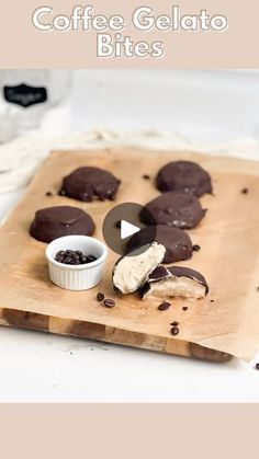 coffee gelato bites on a wooden cutting board with chocolate chips and cream in the background