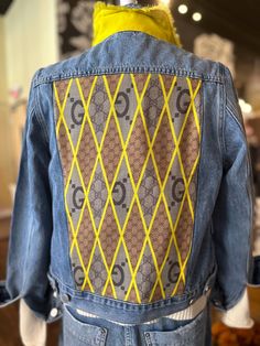 Upcycling at its finest. This denim jacket is adorned with an authentic designer scarf for an elevated and on trend look. Receipt of scarf purchase is included for authenticity. Runs true to size for a fitted look Gucci Ribbon, Denim Jacket With Patches, Jacket With Patches, Long Denim Jacket, Denim Jacket Patches, Designer Scarf, Denim Pocket, Dear John, Designer Scarves