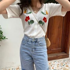 Sweet V-Neck Flowers Embroidered Shirts – Nada Outfit Land Spring Embroidered V-neck T-shirt, Cotton V-neck T-shirt With Floral Embroidery, V-neck Cotton T-shirt With Floral Embroidery, Floral Embroidered Cotton V-neck T-shirt, Casual V-neck T-shirt With Floral Embroidery, Embroidered V-neck T-shirt For Summer, Summer Floral Embroidered V-neck T-shirt, Casual V-neck Top With Floral Embroidery, Casual V-neck Shirt With Floral Embroidery