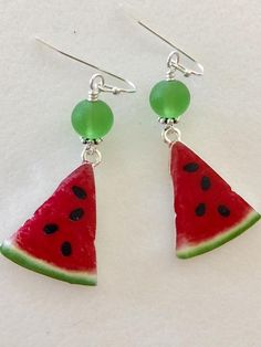 Watermelon Earrings, Red Enamel Watermelon Charm, Lampwork Earrings, Summer Earrings, Foodie, Picnic Clay Watermelon, Watermelon Jewelry, Fun Halloween Earrings, Watermelon Earrings, Black Cat Earrings, Watermelon Slice, Lampwork Earring, Watermelon Slices, Earrings Summer