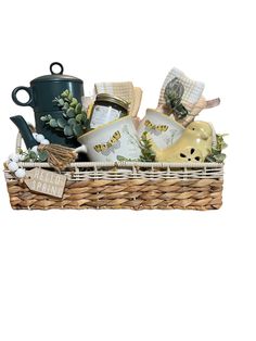 a basket filled with gardening items on top of a table