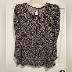 Size M Brand New With Tags, Polyester/Rayon, Very Soft Black Stretch Printed Blouse, Stretch Black Printed Blouse, Casual Fitted Blouse With Heart Print, Trendy Long Sleeve Top With Heart Print, Long Sleeve Tops With Heart Print For Spring, Fitted Heart Print Tops For Fall, Chic Fitted Heart Print Tops, Chic Fitted Top With Heart Print, Black Heart Print Tops For Fall