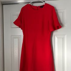 New With Tags, Never Worn Red Short Sleeve Lined Dress, Red Flutter Sleeve Summer Dress, Chic Red Dress With Flutter Sleeves, Red Short Sleeve Midi Dress For Cocktail, Red Flutter Sleeve Dress For Party, Red Party Dress With Flutter Sleeves, Red Ruffled Sheath Dress, Red Sheath Dress With Ruffles, Red Short Sleeve Mini Dress For Formal Occasions