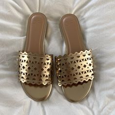 Just Fab Gold Flat Sandals With Laser Cutout: Size 9, Fit Narrow: Never Worn Gold Jelly Sandals With Round Toe For Spring, Gold Open Toe Jelly Sandals For Vacation, Gold Open Toe Jelly Sandals, Gold Flat Jelly Sandals, Gold Flat Synthetic Jelly Sandals, Gold Synthetic Jelly Sandals For Beach, Gold Jelly Sandals For Beach And Spring, Gold Flat Sandals, Laser Cutout