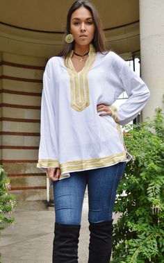 ooooooooooooº© Handmade White Tunic- Mariam Style This is a vintage Moroccan Tunic Shirt, ideal for any casual wear. With a unique embroidery pattern and Moroccan buttons, this tunic shirt will surely be a wonderful one off item! Wear it with caual jeans, or black trousers and you will be sure to create a bohemian chic impact to everyone. Enjoy the Winter Look with our beautiful tunics. We have sizes: S/M/ /L/XL ♥ ♥Maison Marrakech Size Chart (all sizes in inches) ♥ ♥ ♥ ♥ Sizing Guide Small Medi Casual Embroidered Kaftan For Summer, White Casual Festival Cover-up, Casual White Tunic Cover-up, Embroidered Long Sleeve Cover-up For Vacation, White Tunic Blouse For Festival, Casual Embroidered Kaftan For Beach Cover-up, White Long Sleeve Festival Cover-up, Casual White Long Sleeve Kaftan, White Beachwear Blouse For Vacation