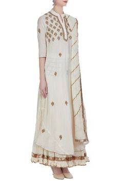 Shop for Nazar by Indu Off White Gota Booti Kurta With Lehenga And Dupatta for Women Online at Aza Fashions Anarkali Set In Raw Silk With Gold Embroidery, Anarkali Set With Gold Embroidery In Raw Silk, Traditional Wear With Gold Embroidery For Eid Reception, Festive Sets With Gold Embroidery For Reception, Designer Semi-stitched Anarkali Set With Gold Embroidery, Semi-stitched Anarkali Set With Gold Embroidery, Gold Floor-length Kurta With Gota Work, Unstitched Traditional Wear With Gold Embroidery For Festivals, Gold Floor-length Palazzo Set With Zari Work