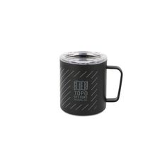 a black coffee mug with the words topo written on it and a silver lid