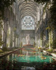 the inside of a cathedral with water and flowers