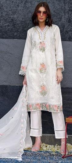 White and Off White color Salwar Kameez in Organza Silk fabric with Embroidered, Sequence work Luxury White Cotton Silk Salwar Kameez, Reception Lehenga, Engagement Reception, Sequence Work, Off White Color, White Style, Salwar Kameez, Silk Fabric, Lehenga