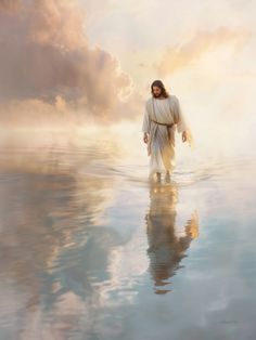 jesus walking through the water with his arms spread out in front of him and clouds behind him