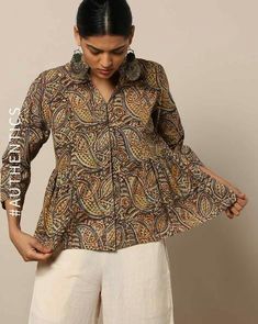 Ajrakh Top Designs, Ethnic Shirts Women, Kalamkari Shirts Women, Kalamkari Tops For Jeans, Kalamkari Coord Set, Ajrakh Tops, Kalamkari Tops, Printed Tops For Women, Tunic Tops Outfit