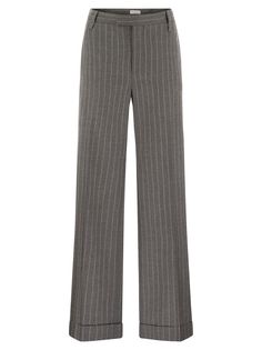 Informal volumes combine with fine fabrics to delineate the relaxed silhouette of the Loose Flared trousers. The soft hand of the virgin wool mouliné pinstripe accompanies the regular fit on the hips, which develops broadly and comfortably along the leg and gives the trousers a contemporary allure. A bright jewel embroidery on the back loop adds a note of light in pure Brunello Cucinelli style. - Zip closure with metal hook and counter-button - Front pockets - Back welt pockets - Nickel-free mon Sixthform Outfits, Jewel Embroidery, Uzun Boy, Flared Trousers, Flare Trousers, Fine Fabric, Work Attire, Soft Hand, Brunello Cucinelli