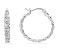 Update your accessory rotation with the sculptural style of these classic hoop earrings designed in a delicately twisted curb chain. Elegant Silver Hoop Earrings With Chain Detail, Elegant Silver Chain Hoop Earrings, Trendy Silver Hoop Earrings With Chain Detail, Trendy Silver Hoop Earrings With Chain, Modern Metal Hoop Earrings With Chain Detail, Modern Chain Hoop Earrings, Elegant Small Hoop Earrings With Chain Detail, Elegant Small Hoop Chain Earrings, Chain Hoop Earrings