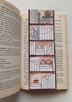 an open book with pictures of bookshelves and a cat sleeping on the floor